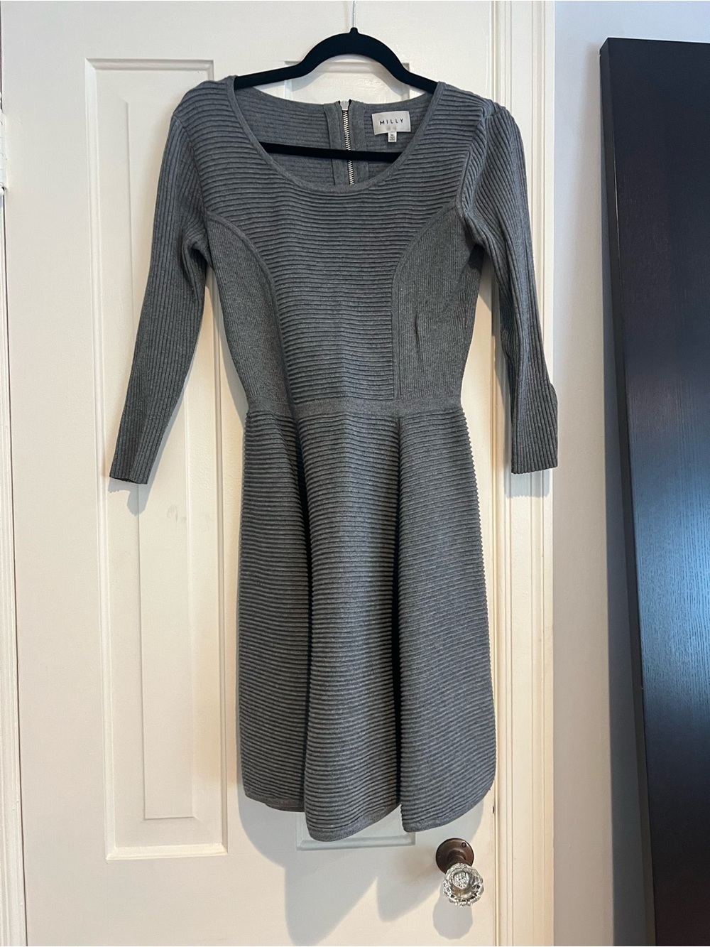 Milly Gray Ribbed Knit Fit-and-Flare Dress
